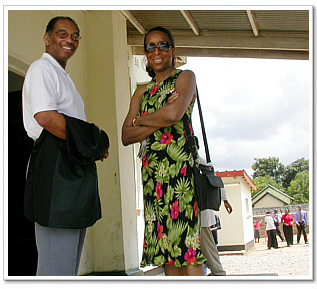 Board Members Jackie Lendsey and Gene Faison chat after a church service they attended in Lusaka.